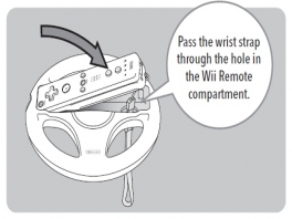 Wii Remote wchodzi do kierownicy bez etui Wii Remote. Pasek na nadgarstek jest konieczny!