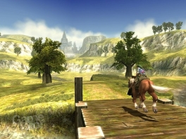 Link con il suo fedele cavallo Epona che corrono insieme per il campo di Hyrule.